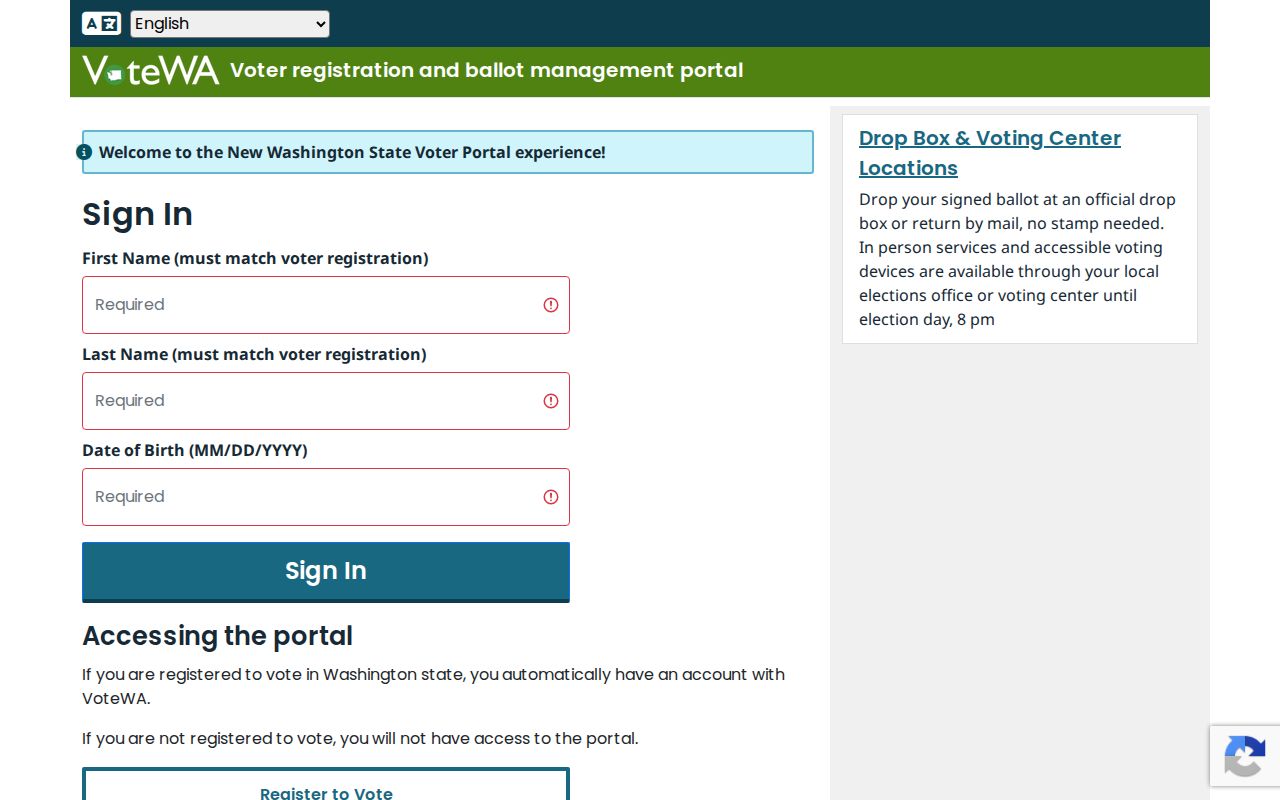 Burien voter registration records VoteWA sign-in fields